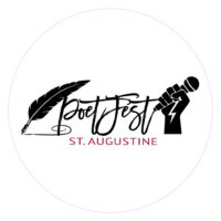 Gallery 1 - a St. Augustine PoetFest black ink logo image that starts on the left with a feather pen and ends with a hand holding a microphone.