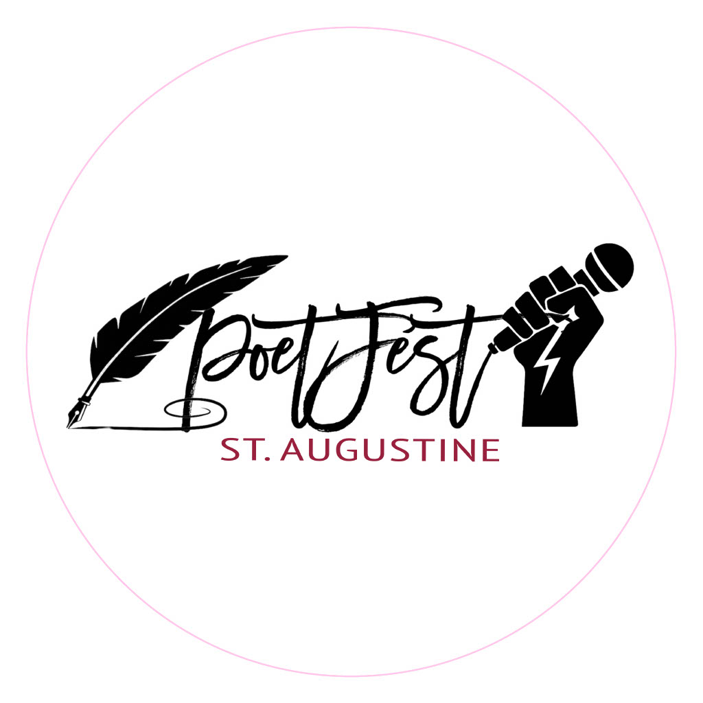 Gallery 1 - a St. Augustine PoetFest black ink logo image that starts on the left with a feather pen and ends with a hand holding a microphone.
