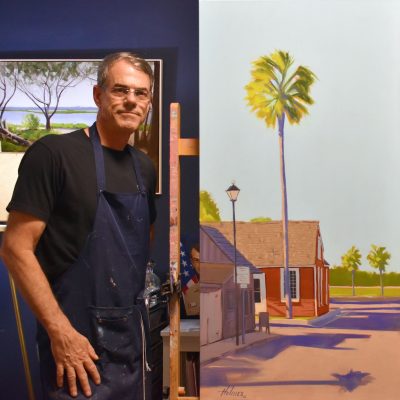 Jeffrey Holmes pictured with his oil painting “Old Town Light,” a tribute to Florida’s coastal heritage and timeless architecture.